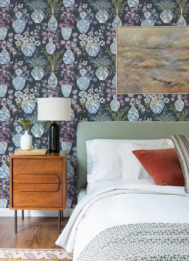 Harper Charcoal Floral Vase Wallpaper with Botanical Flowers Bohemian Style - A-Street Prints 4120-72004