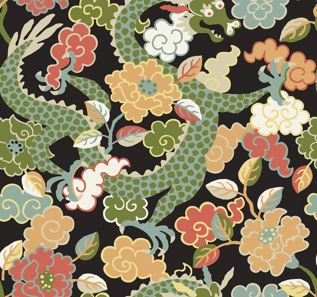 Yanci Green Dragon Black Wallpaper with Eclectic Metallic Accents - A?Street Prints 4120-72005