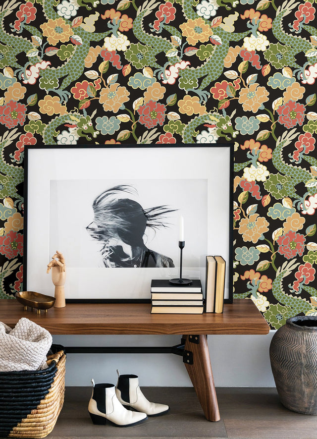 Yanci Green Dragon Black Wallpaper with Eclectic Metallic Accents - A?Street Prints 4120-72005