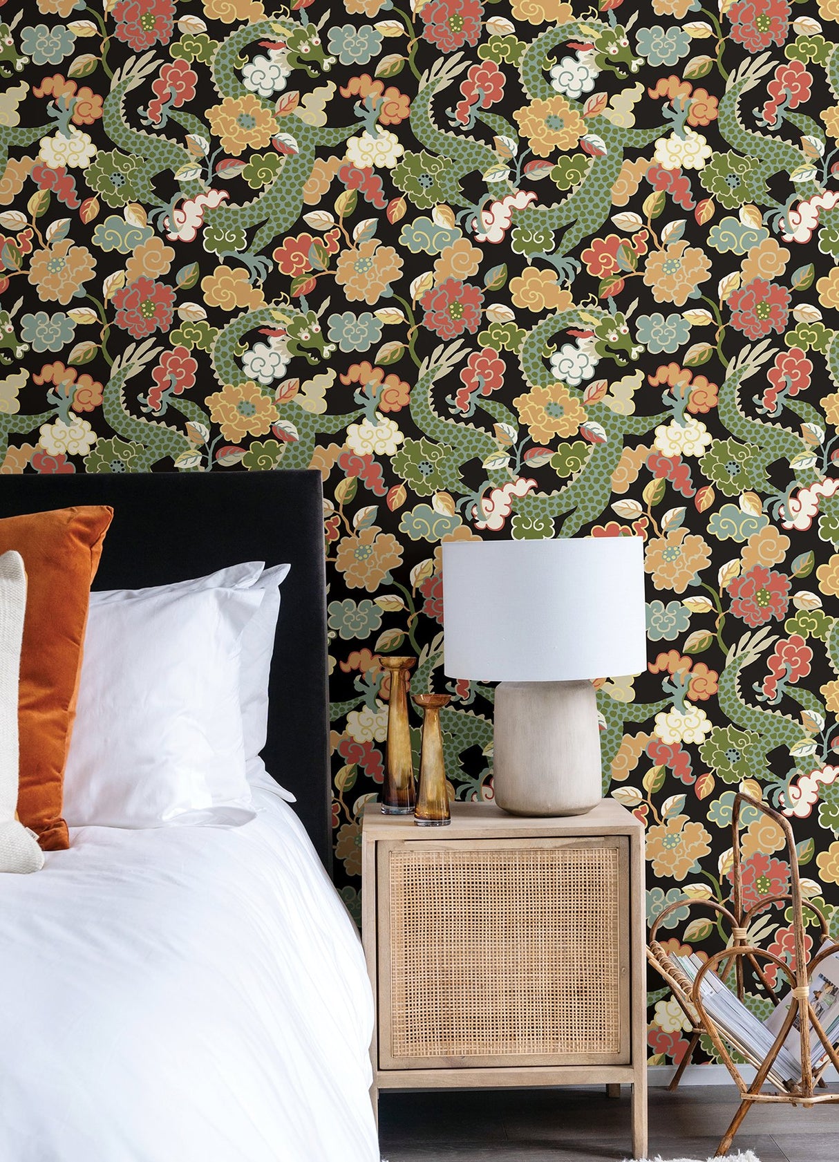 Yanci Green Dragon Black Wallpaper with Eclectic Metallic Accents - A?Street Prints 4120-72005