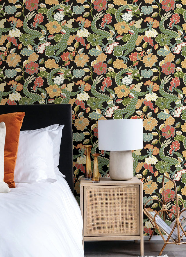 Yanci Green Dragon Black Wallpaper with Eclectic Metallic Accents - A?Street Prints 4120-72005
