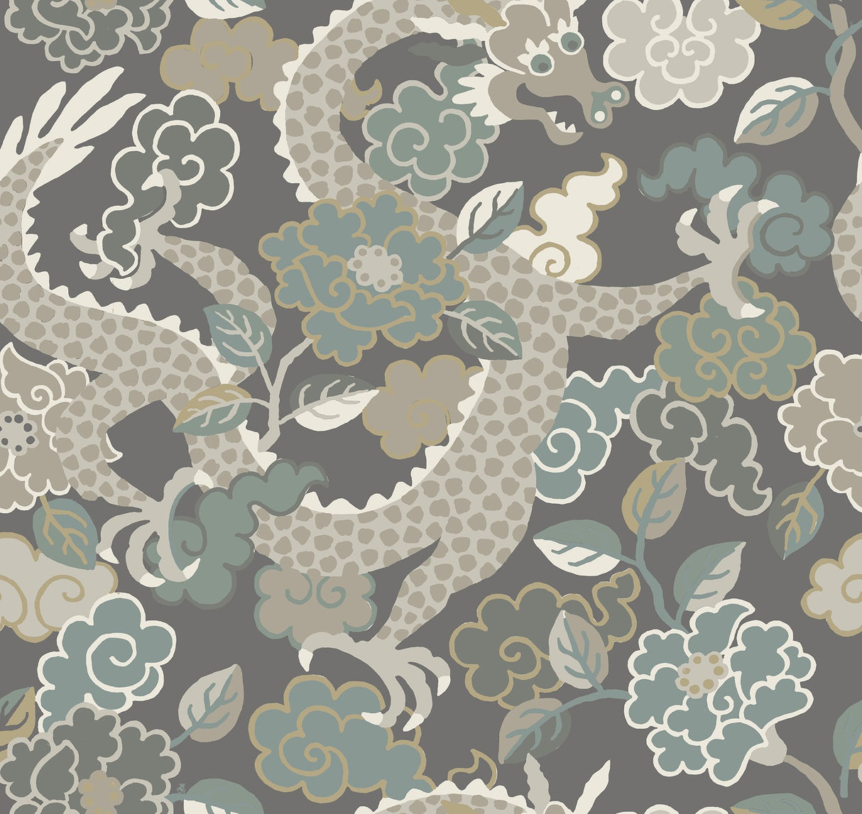Yanci Stone Dragon Grey and Blue Metallic Eclectic Wallpaper - Brewster 4120-72006