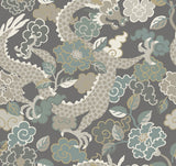 Yanci Stone Dragon Grey and Blue Metallic Eclectic Wallpaper - Brewster 4120-72006