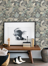 Yanci Stone Dragon Grey and Blue Metallic Eclectic Wallpaper - Brewster 4120-72006