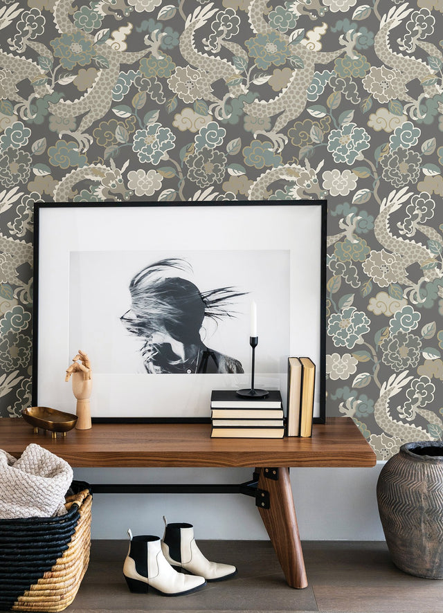 Yanci Stone Dragon Grey and Blue Metallic Eclectic Wallpaper - Brewster 4120-72006