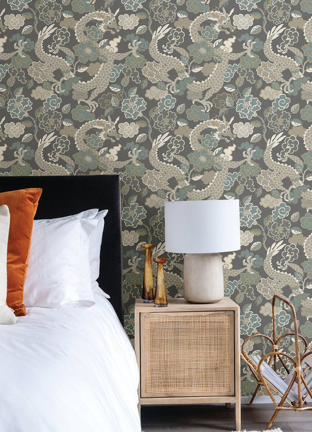 Yanci Stone Dragon Grey and Blue Metallic Eclectic Wallpaper - Brewster 4120-72006