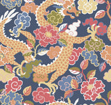 Yanci Orange Dragon Wallpaper with Eclectic Mythic Floral Pattern - Brewster 4120-72007