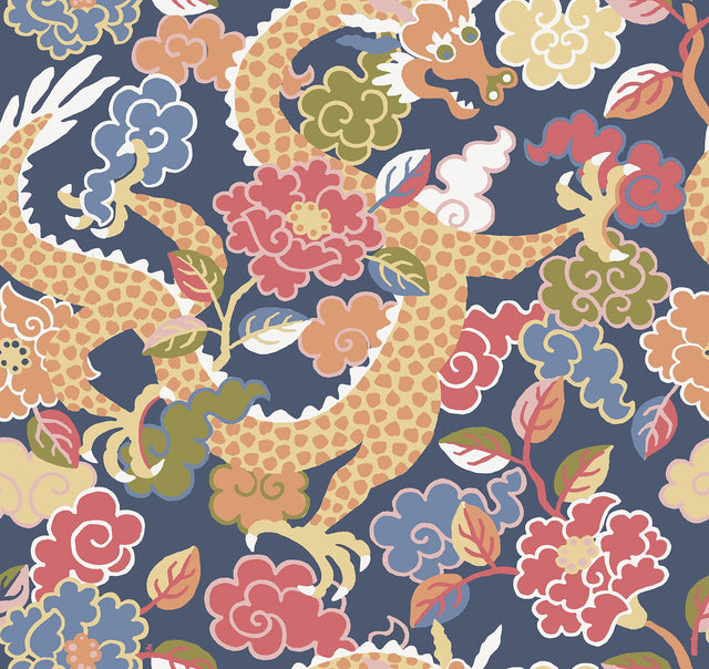 Yanci Orange Dragon Wallpaper with Eclectic Mythic Floral Pattern - Brewster 4120-72007