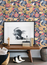 Yanci Orange Dragon Wallpaper with Eclectic Mythic Floral Pattern - Brewster 4120-72007