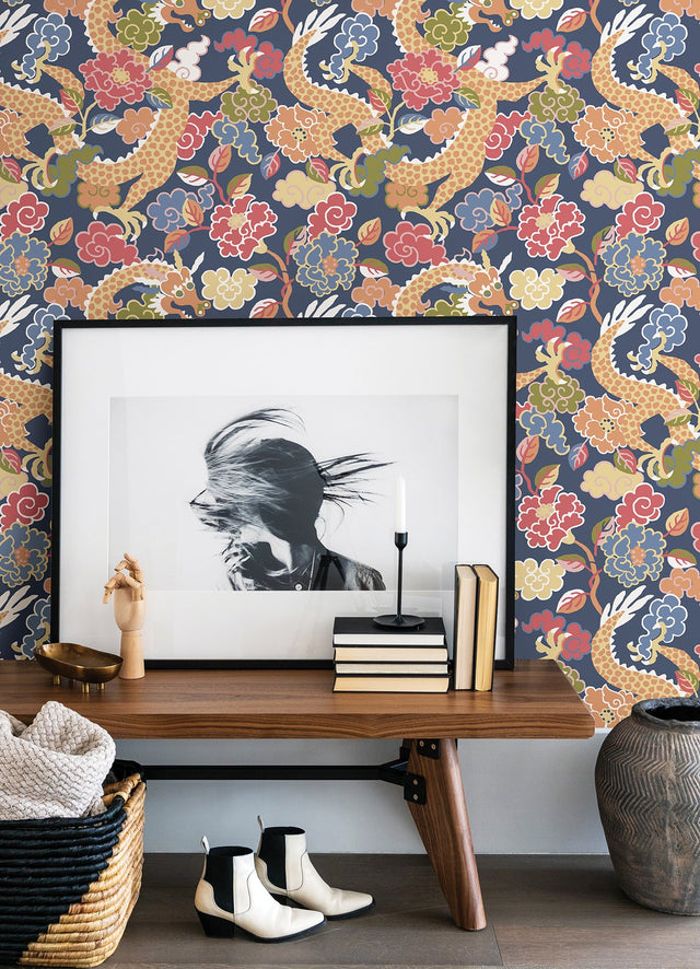 Yanci Orange Dragon Wallpaper with Eclectic Mythic Floral Pattern - Brewster 4120-72007