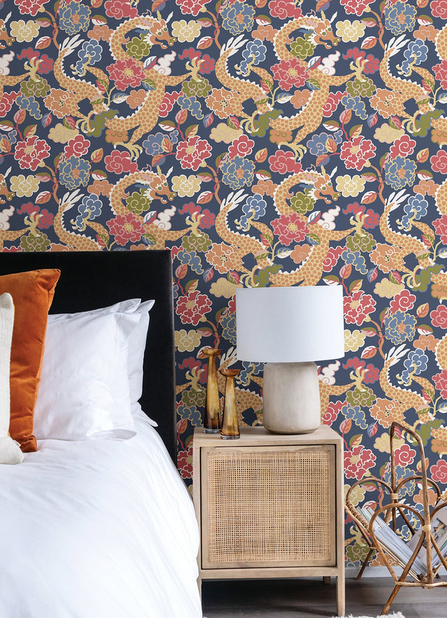 Yanci Orange Dragon Wallpaper with Eclectic Mythic Floral Pattern - Brewster 4120-72007
