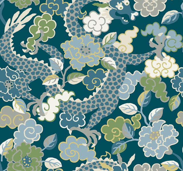 Yanci Teal Dragon Wallpaper with Eclectic Floral Dragon Motif - A-Street Prints 4120-72008