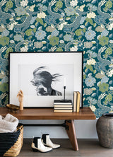 Yanci Teal Dragon Wallpaper with Eclectic Floral Dragon Motif - A-Street Prints 4120-72008