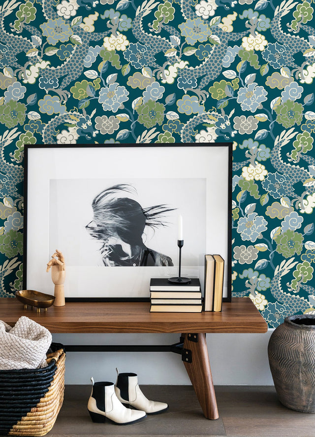 Yanci Teal Dragon Wallpaper with Eclectic Floral Dragon Motif - A-Street Prints 4120-72008