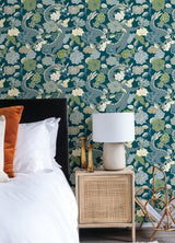 Yanci Teal Dragon Wallpaper with Eclectic Floral Dragon Motif - A-Street Prints 4120-72008
