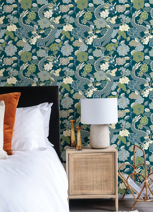 Yanci Teal Dragon Wallpaper with Eclectic Floral Dragon Motif - A-Street Prints 4120-72008