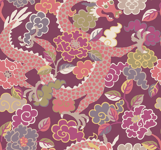 Yanci Plum Dragon Metallic Eclectic Wallpaper with Dragon and Floral Motif - A-Street Prints 4120-72009