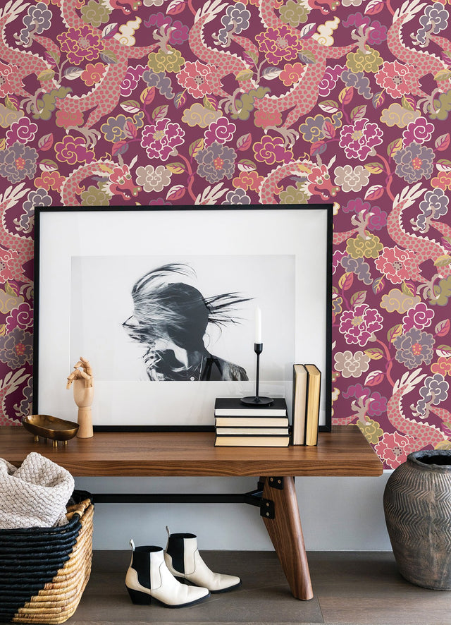 Yanci Plum Dragon Metallic Eclectic Wallpaper with Dragon and Floral Motif - A-Street Prints 4120-72009