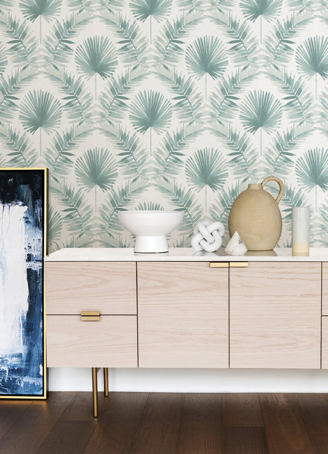 Calla Teal Painted Palm Wallpaper with Botanical Coastal Motif - Brewster 4121-26912