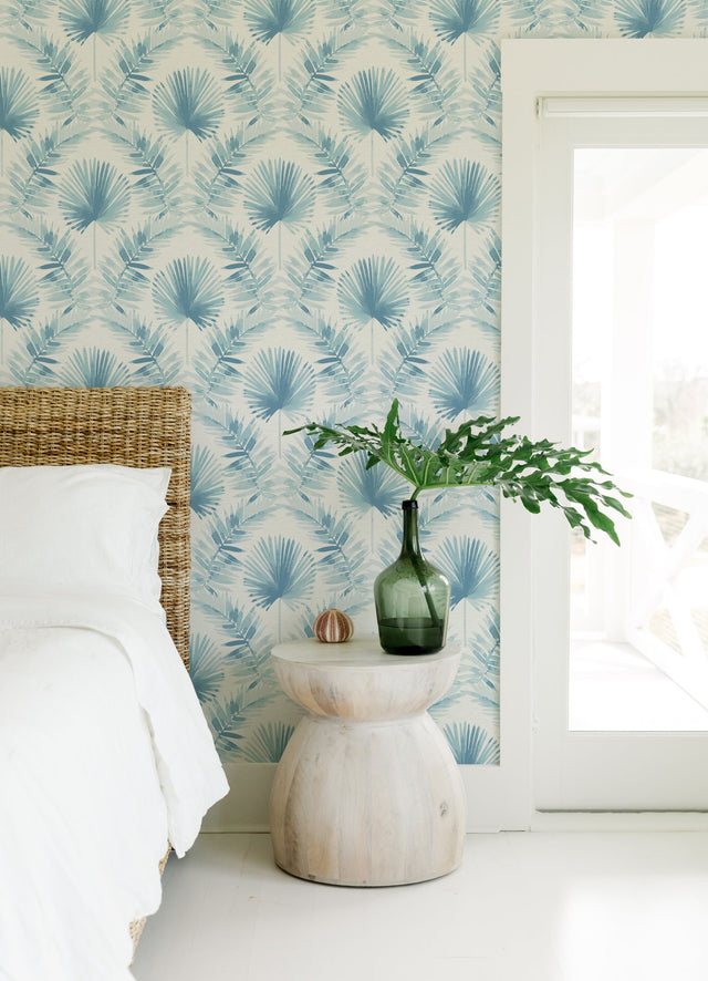 Calla Blue Painted Palm Wallpaper with Coastal Botanical Motif - A-Street Prints 4121-26916