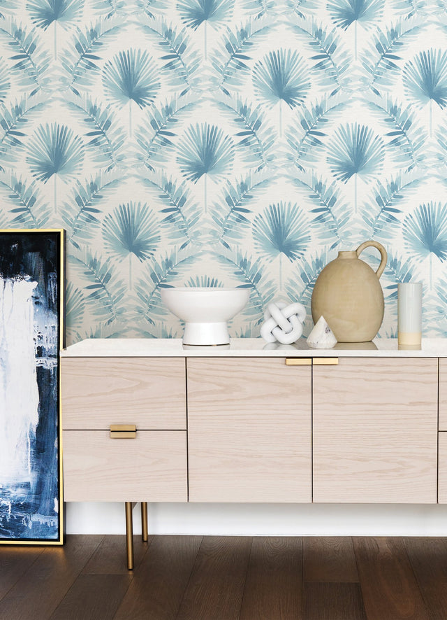 Calla Blue Painted Palm Wallpaper with Coastal Botanical Motif - A-Street Prints 4121-26916
