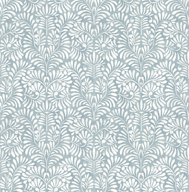 Elma Sky Blue Fiddlehead Wallpaper with Raised Ink Botanical Farmhouse Pattern - Brewster 4121-26918