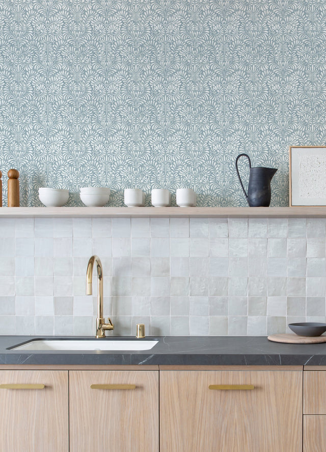 Elma Sky Blue Fiddlehead Wallpaper with Raised Ink Botanical Farmhouse Pattern - Brewster 4121-26918