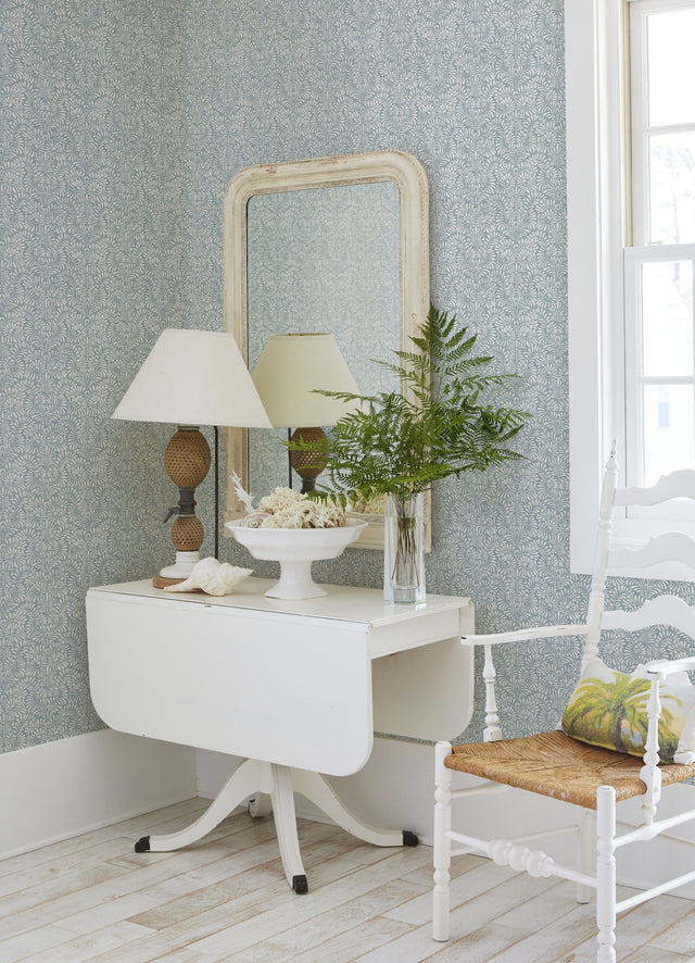Elma Sky Blue Fiddlehead Wallpaper with Raised Ink Botanical Farmhouse Pattern - Brewster 4121-26918