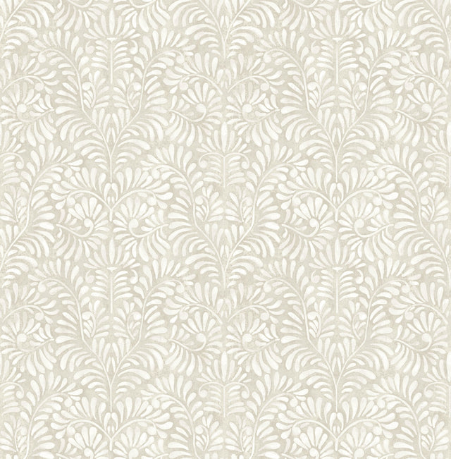 Elma Taupe Fiddlehead Wallpaper with Raised Ink Botanical Damask - Brewster 4121-26920