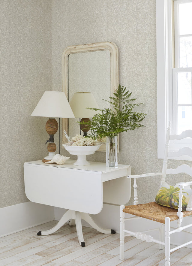 Elma Taupe Fiddlehead Wallpaper with Raised Ink Botanical Damask - Brewster 4121-26920