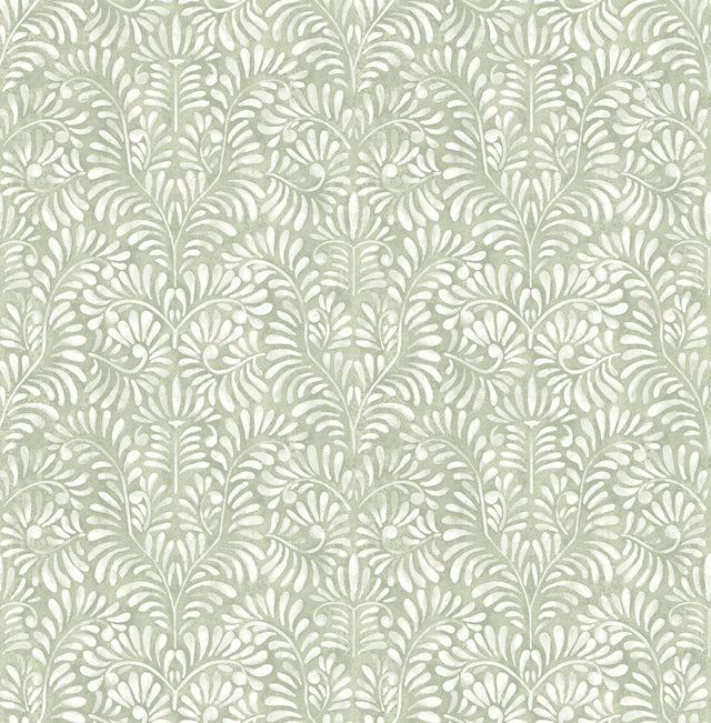 Elma Sage Fiddlehead Green Wallpaper with Botanical Damask Raised Ink - A?Street Prints 4121-26922