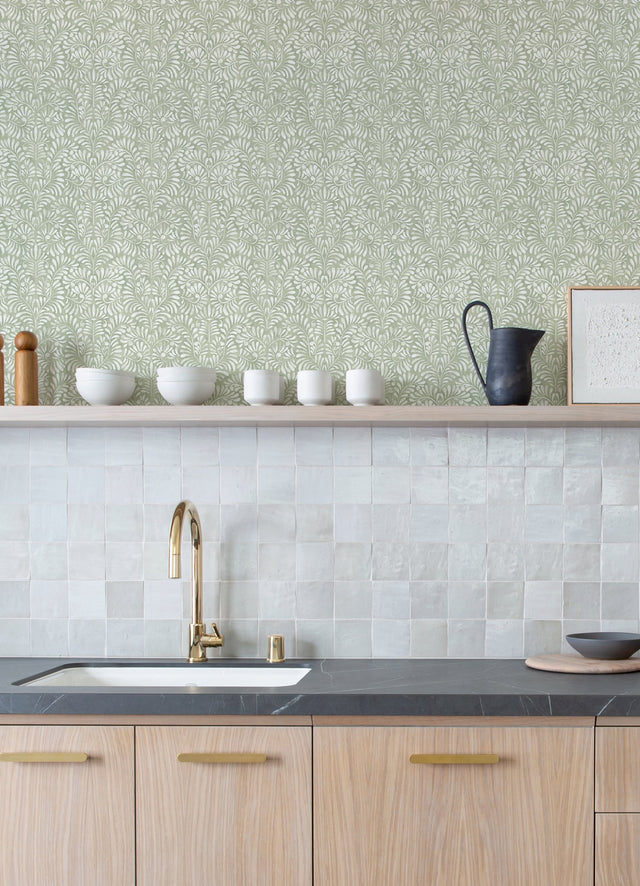 Elma Sage Fiddlehead Green Wallpaper with Botanical Damask Raised Ink - A?Street Prints 4121-26922