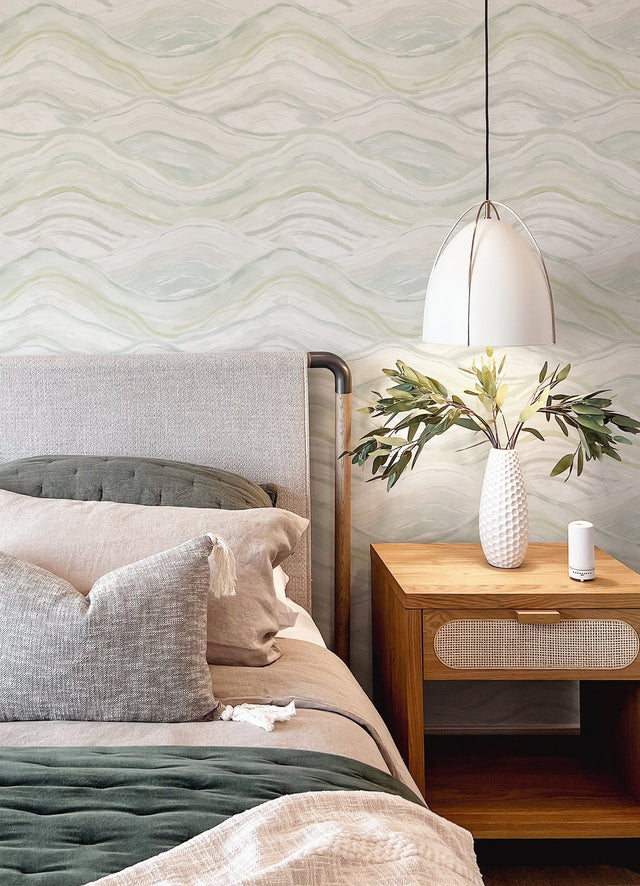 Dorea Sea Green Striated Waves Wallpaper with Metallic Abstract Whimsical Pattern - A-Street Prints 4121-26924