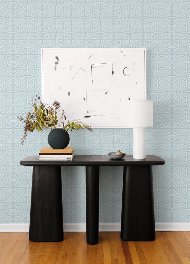 Hesper Sky Blue Geometric Wallpaper with Ornate Geometric on Faux Linen Backdrop - A-Street Prints 4121-26932