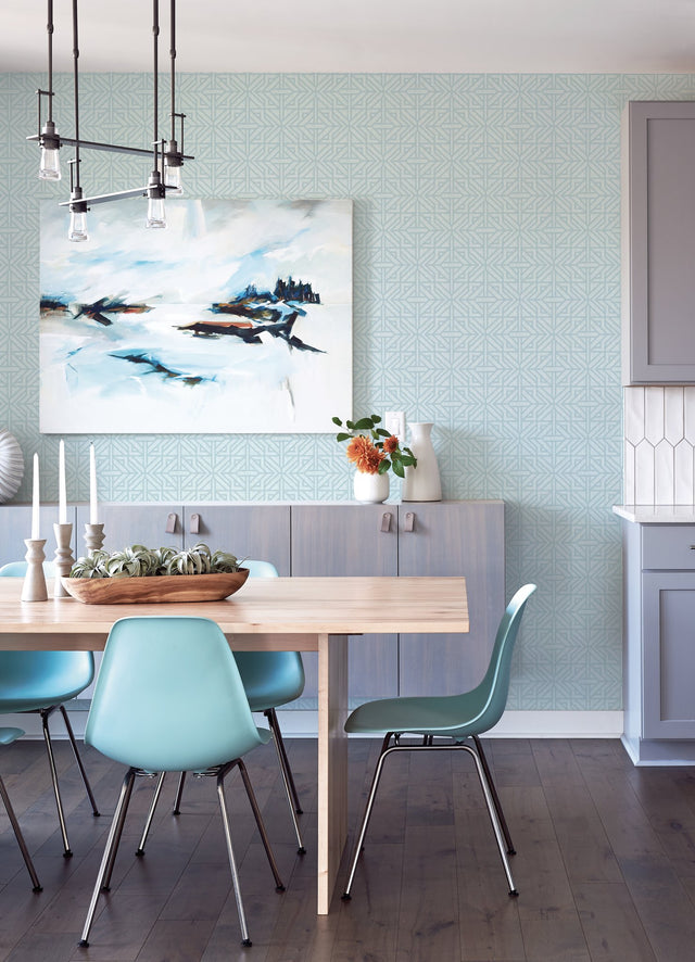 Hesper Sky Blue Geometric Wallpaper with Ornate Geometric on Faux Linen Backdrop - A-Street Prints 4121-26932