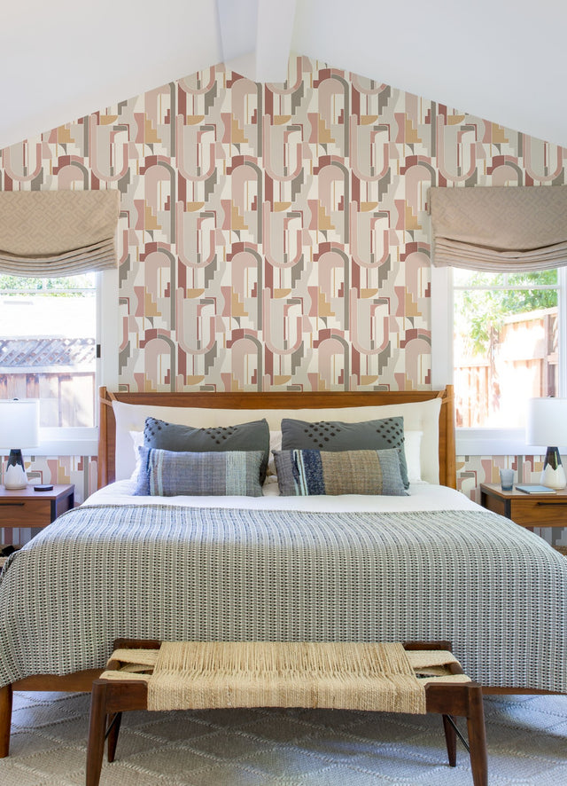 Odele Blush Geometric Archways Wallpaper with Modern Abstract Arch Motif - Brewster 4121-72201