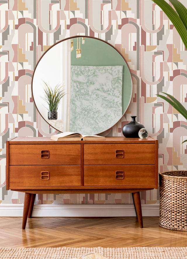 Odele Blush Geometric Archways Wallpaper with Modern Abstract Arch Motif - Brewster 4121-72201