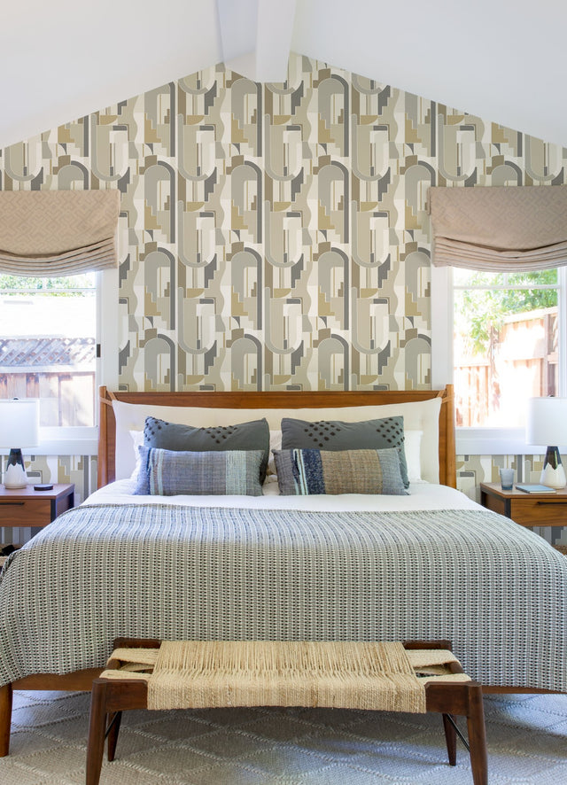 Odele Stone Geometric Archways Grey Wallpaper with Modern Abstract Arch Motif - Brewster 4121-72202
