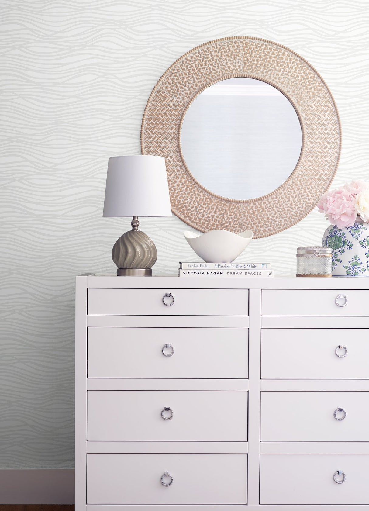Galyn White Pearlescent Wave Wallpaper with Beaded Abstract Glam Design - A?Street Prints 4121-72206