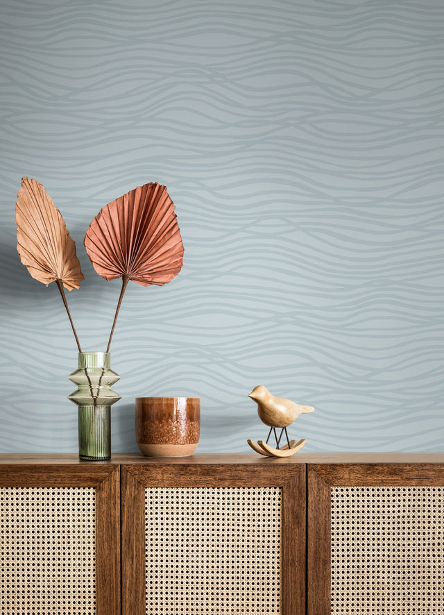 Galyn Sky Blue Pearlescent Wave Wallpaper with Beaded Abstract Stripes - A-Street Prints 4121-72207