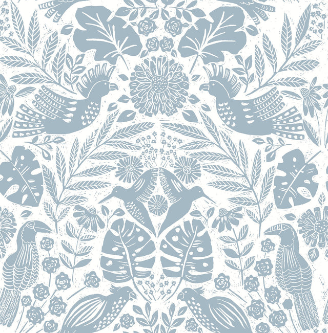 Nestle Blue Bird Block Print Wallpaper in Blue - A-Street Prints 4122-27000