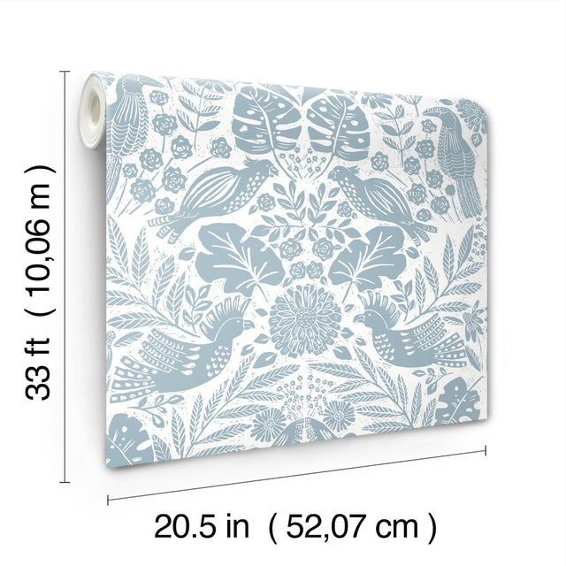 Nestle Blue Bird Block Print Wallpaper in Blue - A-Street Prints 4122-27000