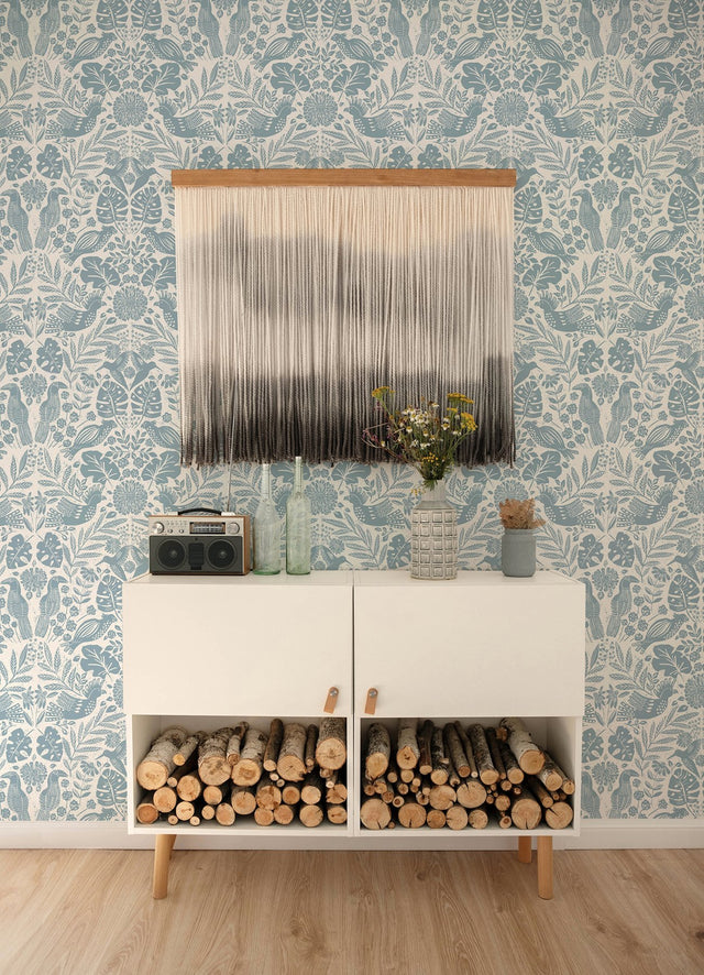 Nestle Blue Bird Block Print Wallpaper in Blue - A-Street Prints 4122-27000