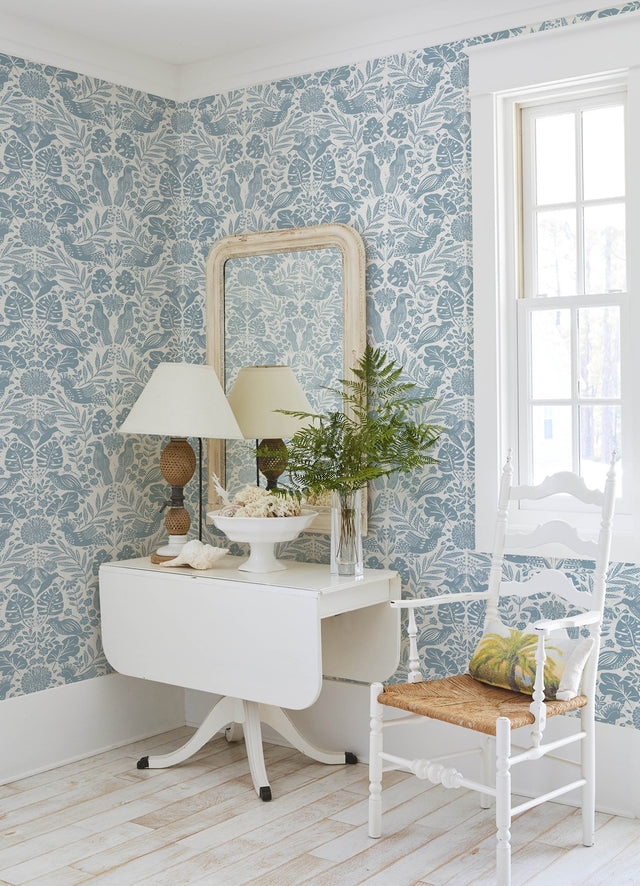 Nestle Blue Bird Block Print Wallpaper in Blue - A-Street Prints 4122-27000