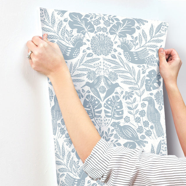 Nestle Blue Bird Block Print Wallpaper in Blue - A-Street Prints 4122-27000