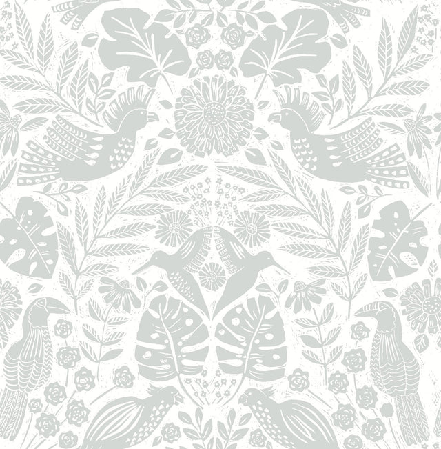 Nestle Light Grey Bird Block Print Wallpaper with Tropical Animal Damask - A-Street Prints 4122-27001