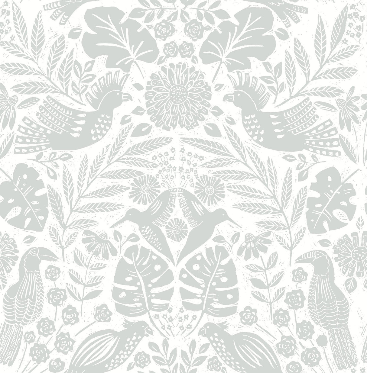 Nestle Light Grey Bird Block Print Wallpaper with Tropical Animal Damask - A-Street Prints 4122-27001