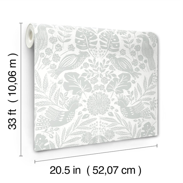 Nestle Light Grey Bird Block Print Wallpaper with Tropical Animal Damask - A-Street Prints 4122-27001