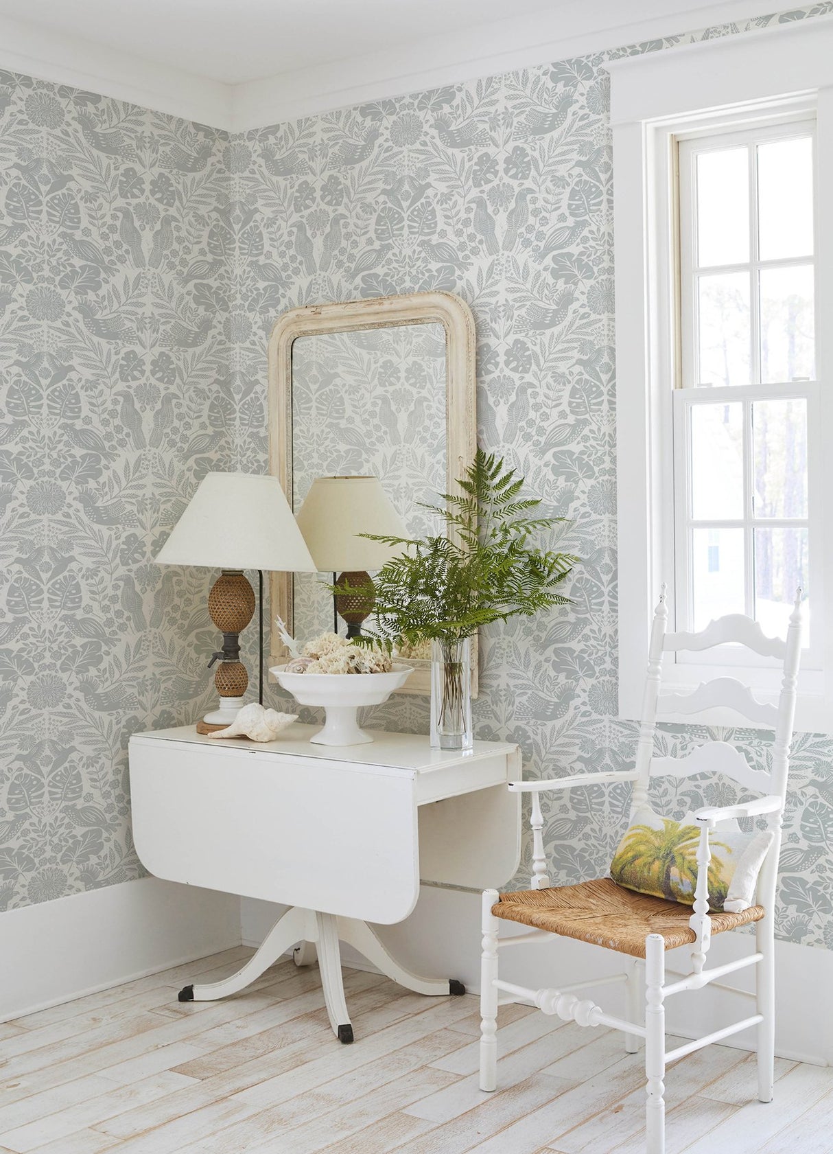 Nestle Light Grey Bird Block Print Wallpaper with Tropical Animal Damask - A-Street Prints 4122-27001
