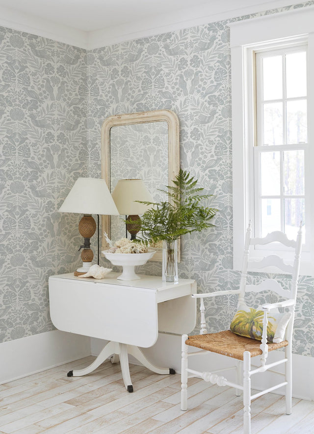 Nestle Light Grey Bird Block Print Wallpaper with Tropical Animal Damask - A-Street Prints 4122-27001